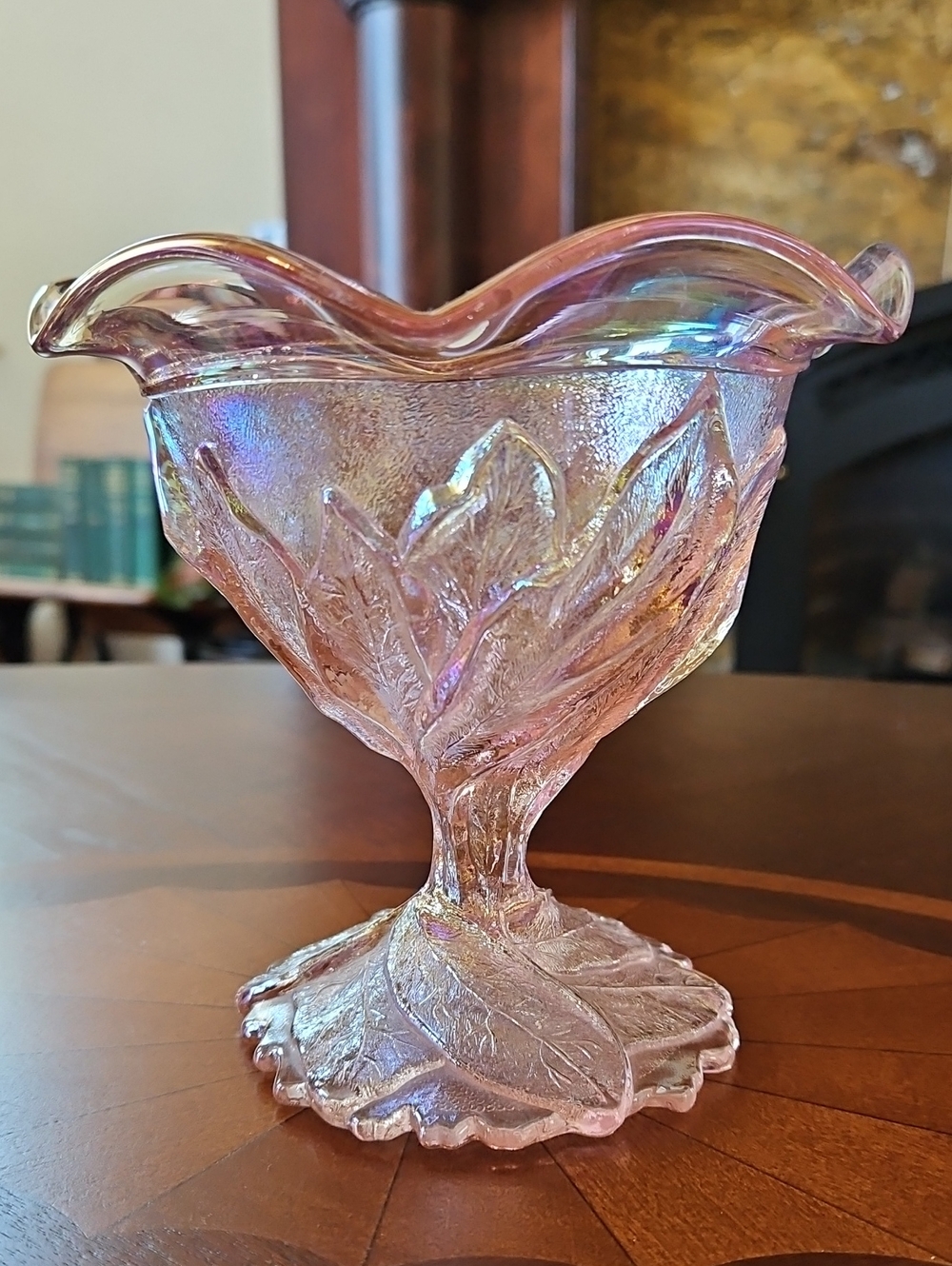 Vintage Lenox Imperial Pink Carnival Glass Everglade Ruffled Compote LIG Mark